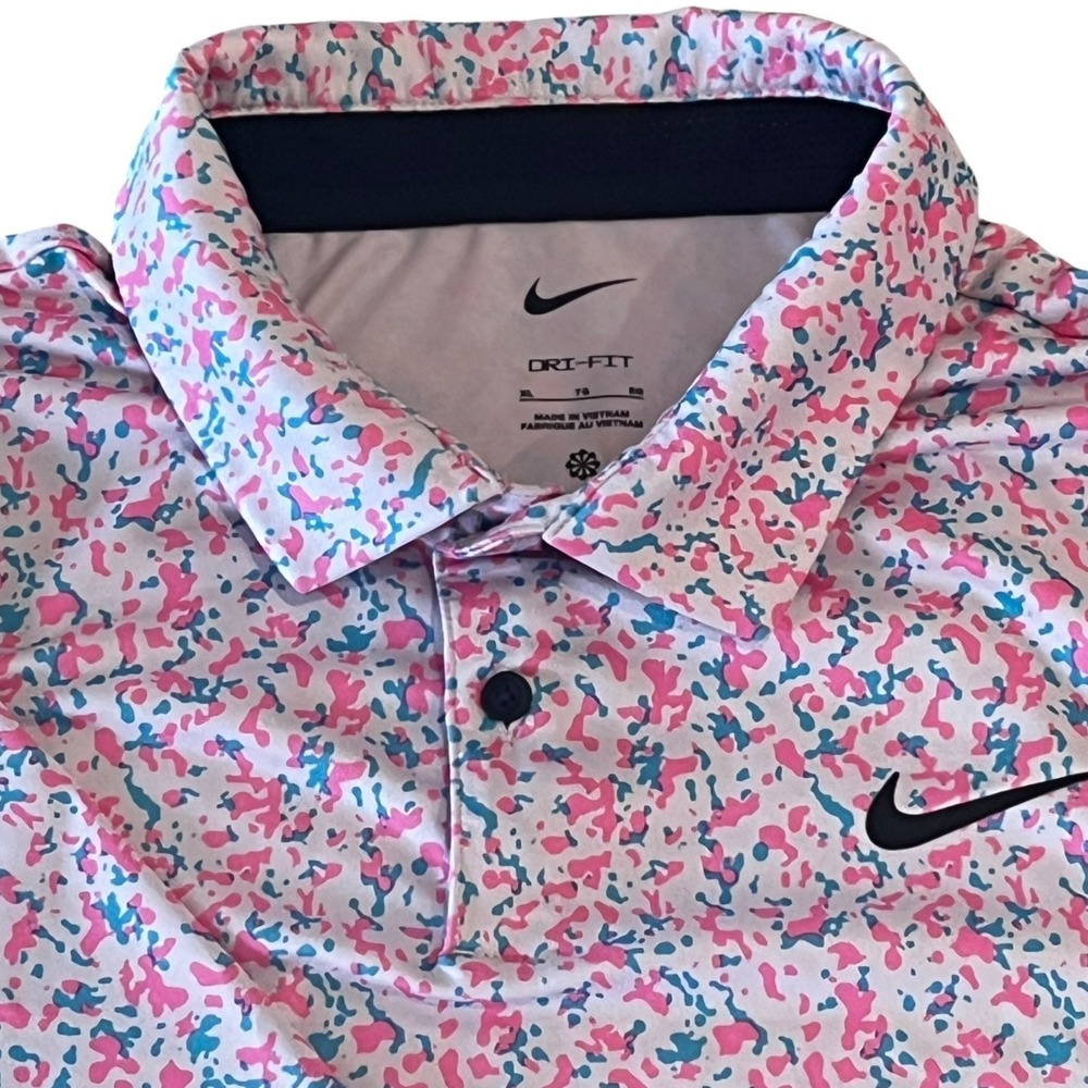 Nike Dri Fit Polo Shirt Mens XL Camo Pink Blue Colorway Performance Golf Stretch